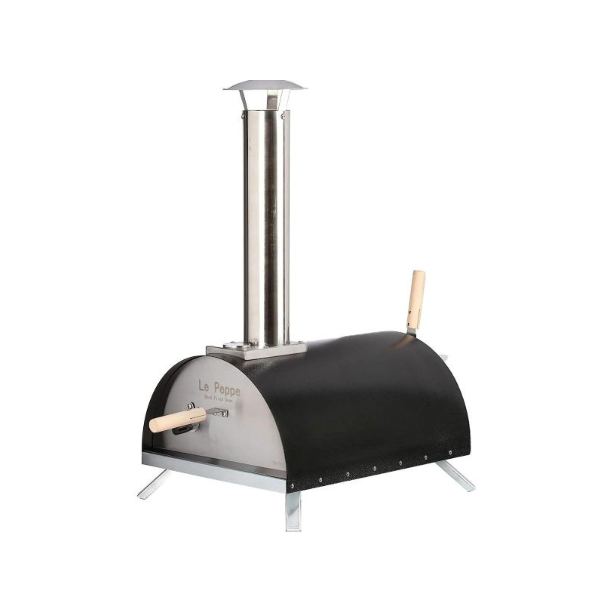 Black outdoor pizza oven with wooden handles