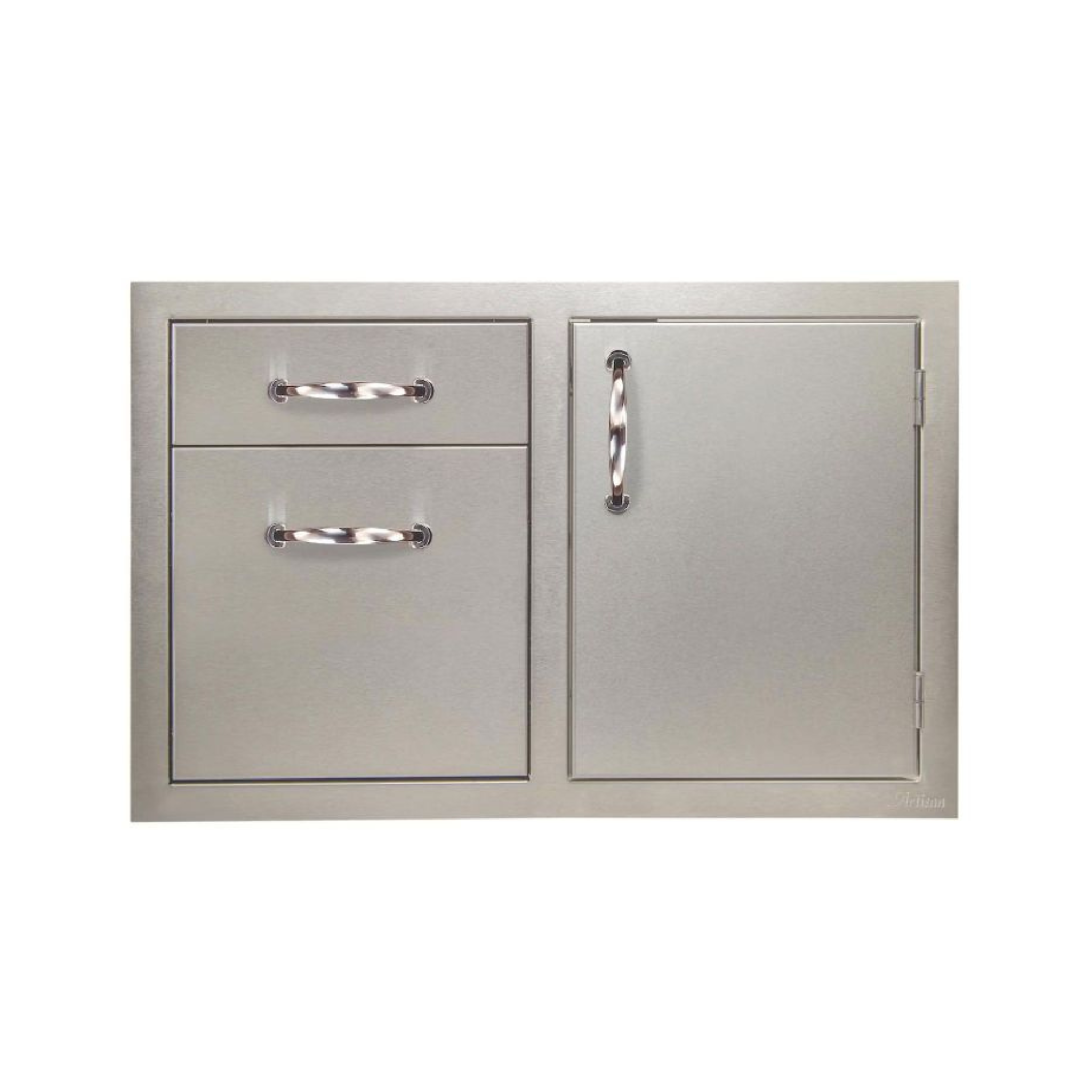 Stainless steel outdoor kitchen cabinet with two drawers and a door 