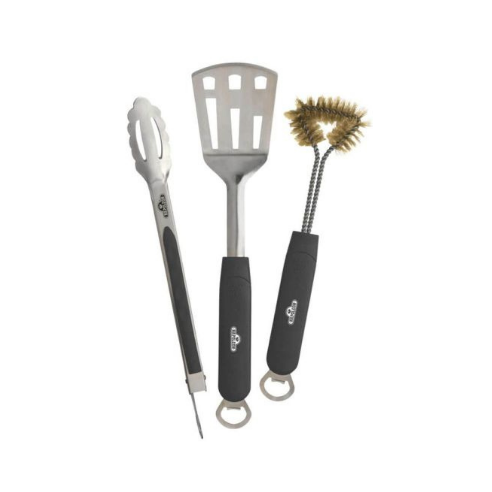 Set of three BBQ tools including a spatula, fork, and brush on a white background